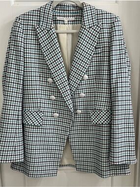 Veronica Beard Teal, Aqua & White Houndstooth Double-Breasted Jacket | Size 12